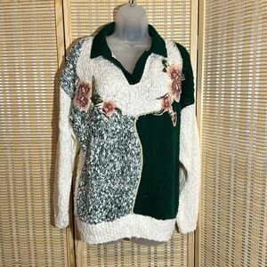 Separate Issue Woman Vintage 1990s White Green Colorblock Embroidered Flowers 20